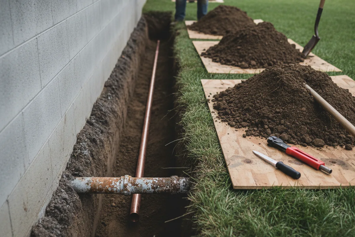 Excavated water line trench during Sewer Line Repair in Goodyears Bar
